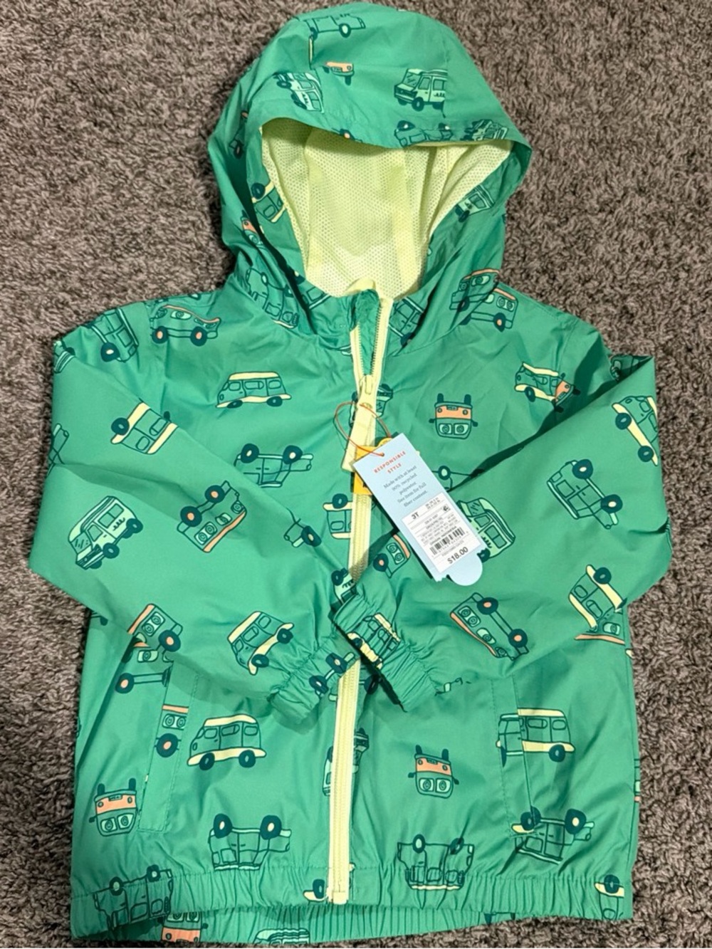 Cat & Jack Green Vehicle Print Rain Jacket